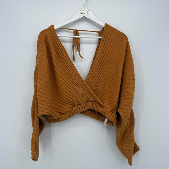 Free People Beach Orange Ribbed Wrap Top Long Sleeve Cropped Medium - Picture 1 of 8